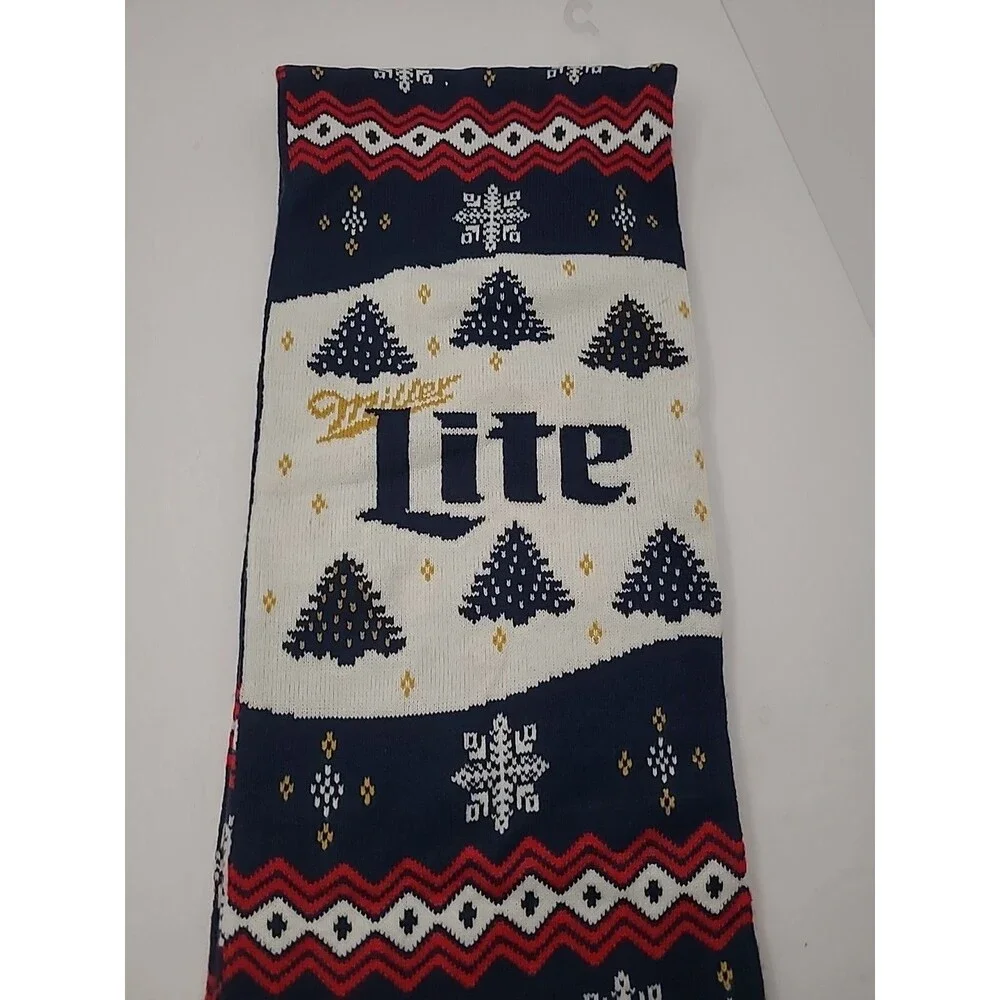 Miller Lite Beer Knit Holiday Scarf Ugly Christmas Sweater Theme w/ Reindeer